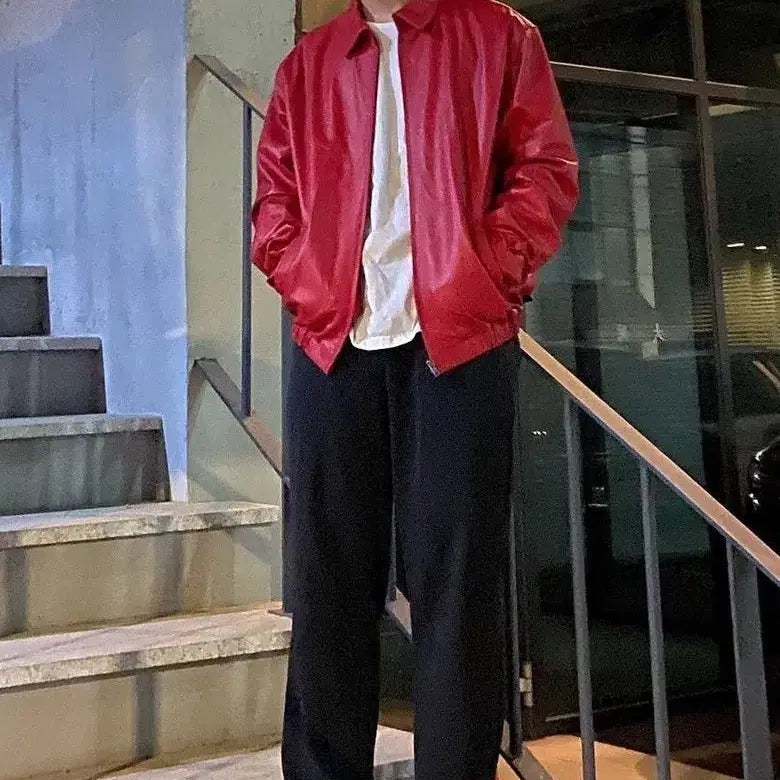 [BUNJANG] Left Seoul Lambskin Leather Jacket (Red) - Size L / 레프트서울 램스킨 양가죽 클래식 레더자켓 (레드) L사이즈