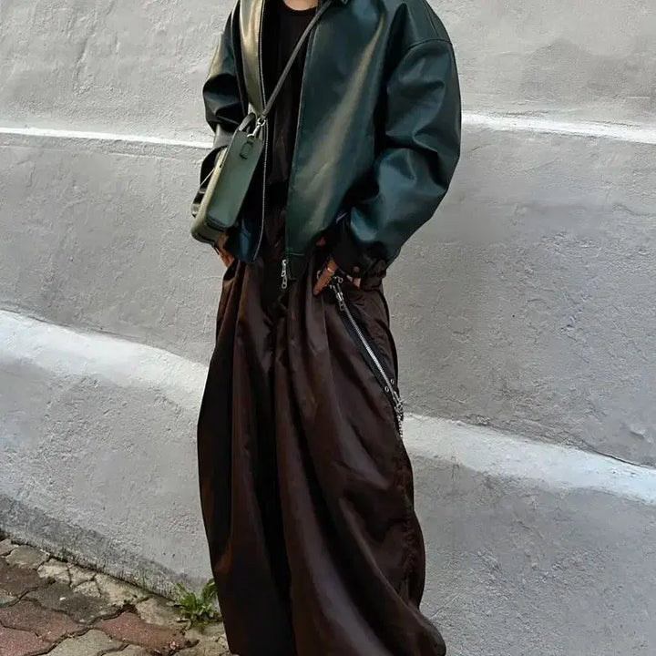 [BUNJANG] FFEFF STUDIO Leather Single Zip-Up Jacket (Dark Green) / 페프스튜디오 (FFEFF STUDIO) 레더 싱글 집업 자켓 M