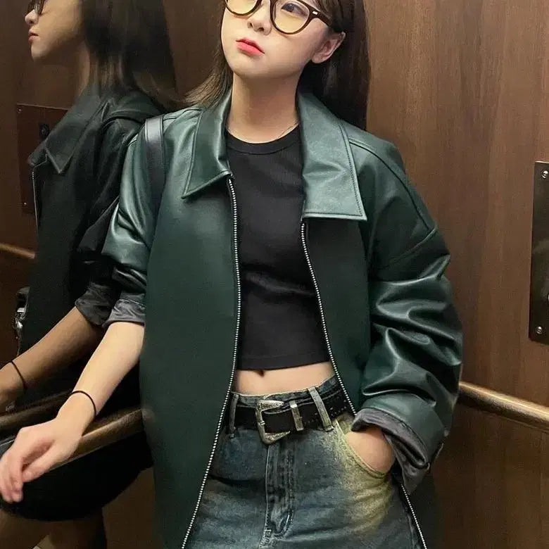 [BUNJANG] FFEFF STUDIO Leather Single Zip-Up Jacket (Dark Green) / 페프스튜디오 (FFEFF STUDIO) 레더 싱글 집업 자켓 M