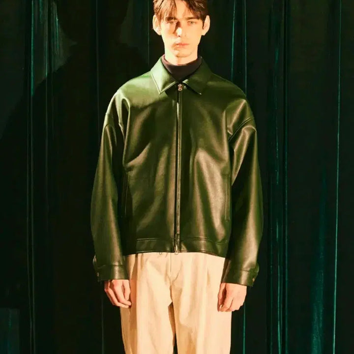 [BUNJANG] FFEFF STUDIO Leather Single Zip-Up Jacket (Dark Green) / 페프스튜디오 (FFEFF STUDIO) 레더 싱글 집업 자켓 M
