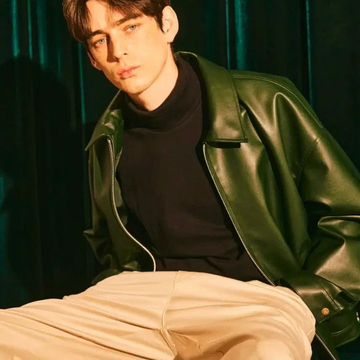 [BUNJANG] FFEFF STUDIO Leather Single Zip-Up Jacket (Dark Green) / 페프스튜디오 (FFEFF STUDIO) 레더 싱글 집업 자켓 M