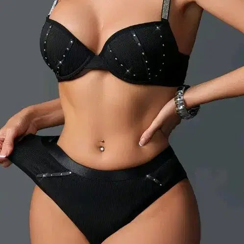 [BUNJANG] Black Cubic Embellished Lingerie Set / 블랙 큐빅 장식 속옷 세트85C85B