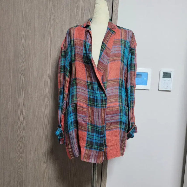 [BUNJANG] Benetton Color Check Pattern Linen Jacket / 베네통 마100% 오버핏 컬러풀 체크 패턴 자켓