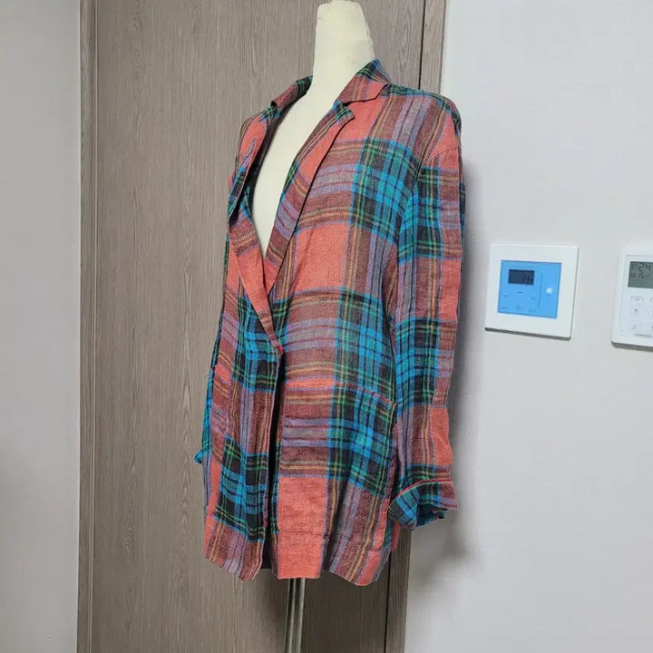 [BUNJANG] Benetton Color Check Pattern Linen Jacket / 베네통 마100% 오버핏 컬러풀 체크 패턴 자켓