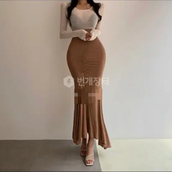 [BUNJANG] Manatee Shirring Long Skirt Free Size Beige / 매너티 셔링 롱스커트free