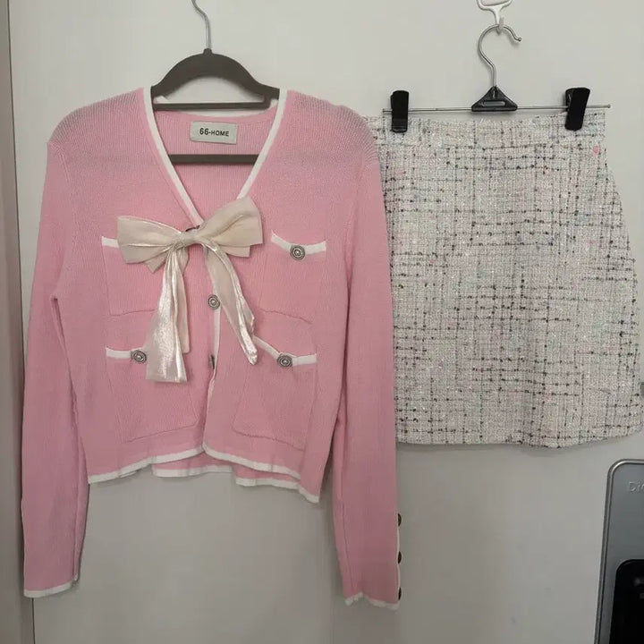 [BUNJANG] 66-HOME Pink Tweed Two-Piece Set (S Size) / 새것) 핑크가디건 트위드 스커트 세트  s사이즈