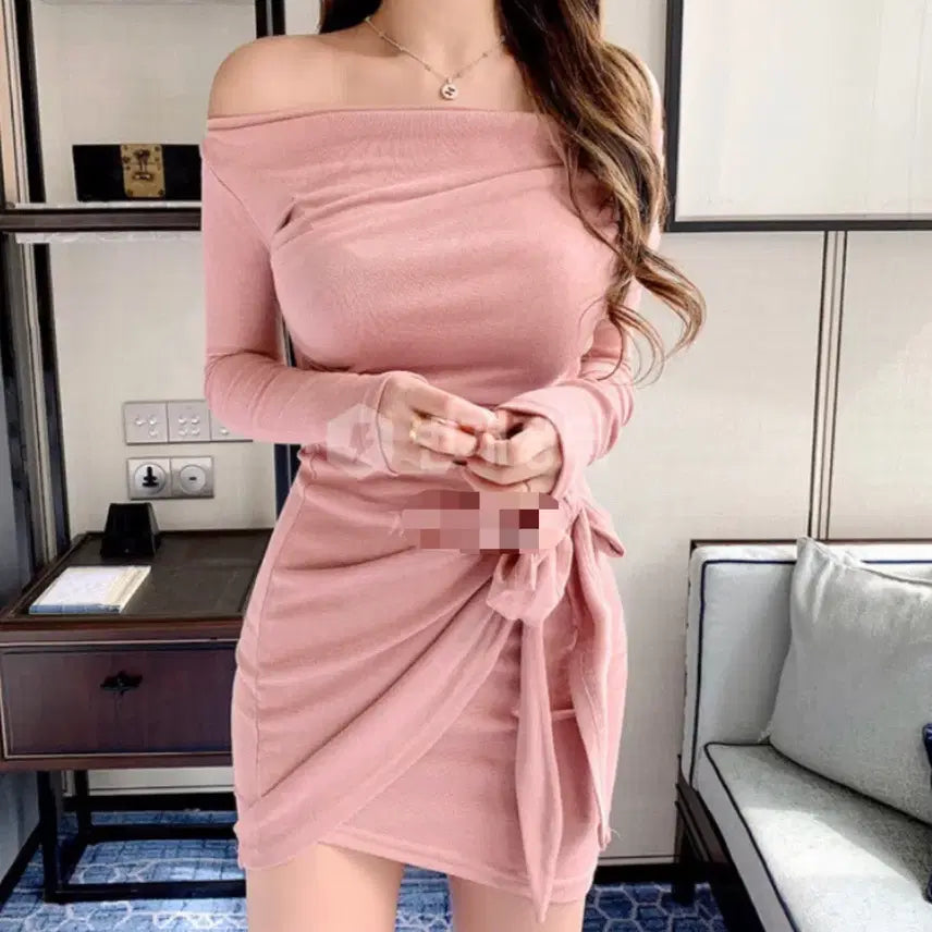[BUNJANG] Pink Off-Shoulder Wrap Mini Dress / 핑크 오프숄더 랩 미니 원피스