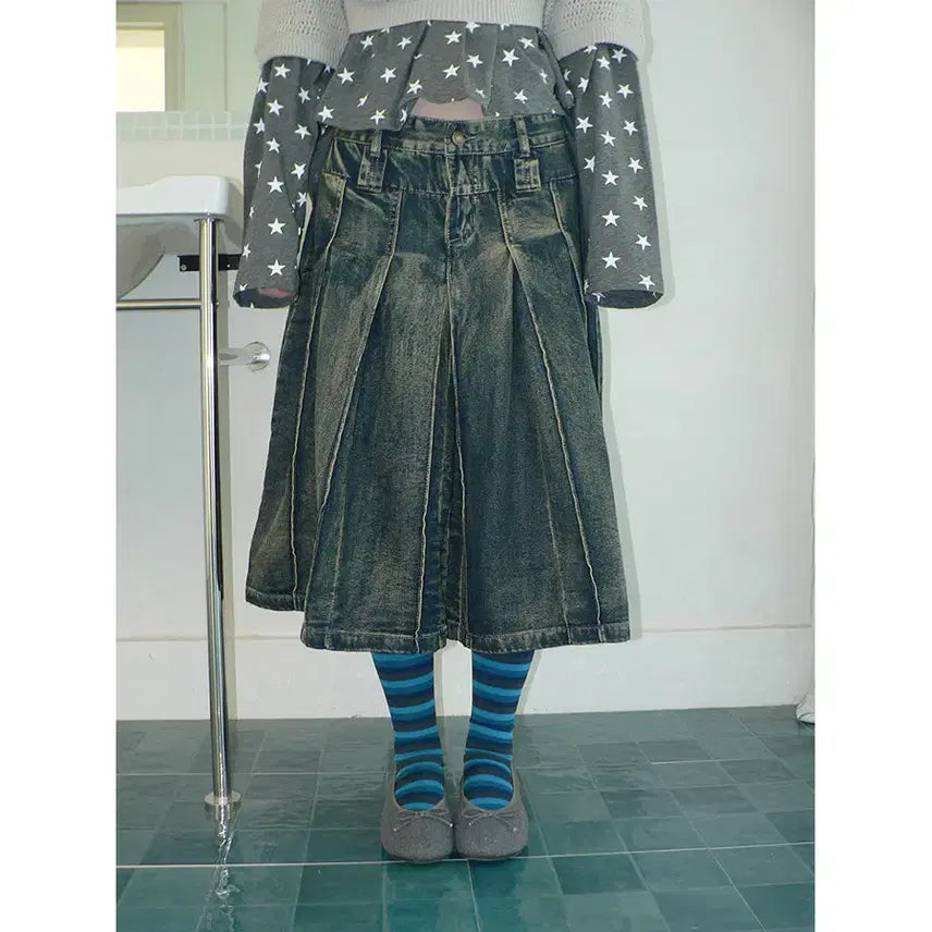[BUNJANG] angproject Distressed A-Line Denim Pleated Skirt / angproject 레트로 디스트레스드 A라인 데님 플리츠 치마