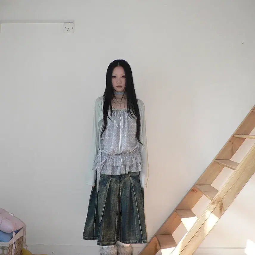[BUNJANG] angproject Distressed A-Line Denim Pleated Skirt / angproject 레트로 디스트레스드 A라인 데님 플리츠 치마