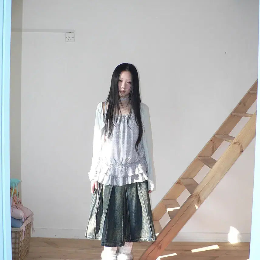 [BUNJANG] angproject Distressed A-Line Denim Pleated Skirt / angproject 레트로 디스트레스드 A라인 데님 플리츠 치마