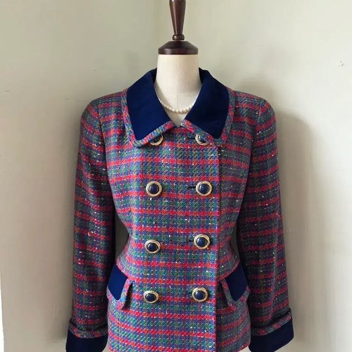 [BUNJANG] Tweed Jacket with Velvet Color Block / 벨벳 배색 카라 보카시 체크 트위드 자켓