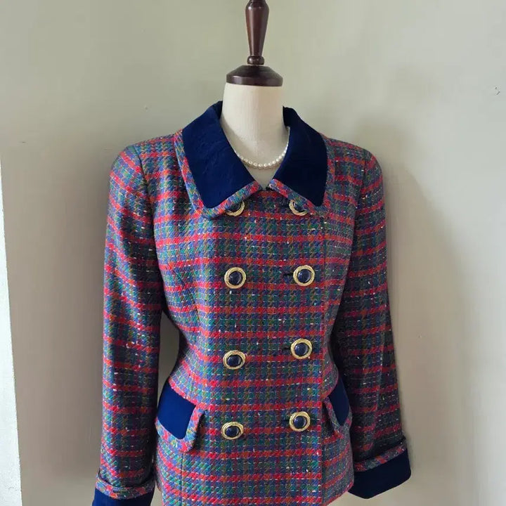 [BUNJANG] Tweed Jacket with Velvet Color Block / 벨벳 배색 카라 보카시 체크 트위드 자켓
