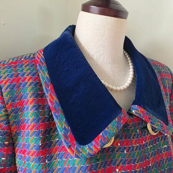 [BUNJANG] Tweed Jacket with Velvet Color Block / 벨벳 배색 카라 보카시 체크 트위드 자켓