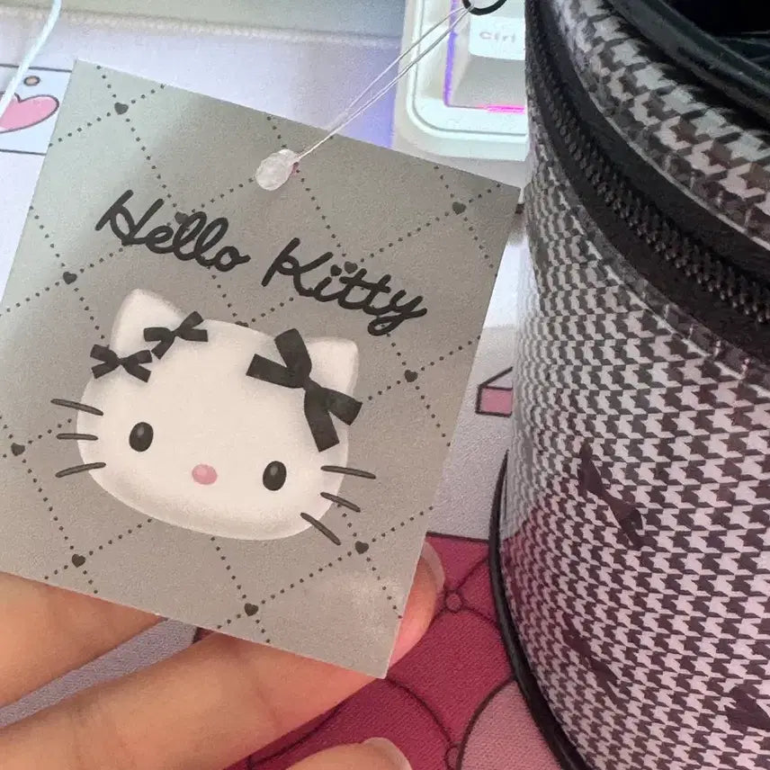 [BUNJANG] Kitty Monotone Black Check Pouch & Coin Purse Bundle Set / 키티 모노톤 블랙체크 파우치 & 동전지갑 세트 일괄