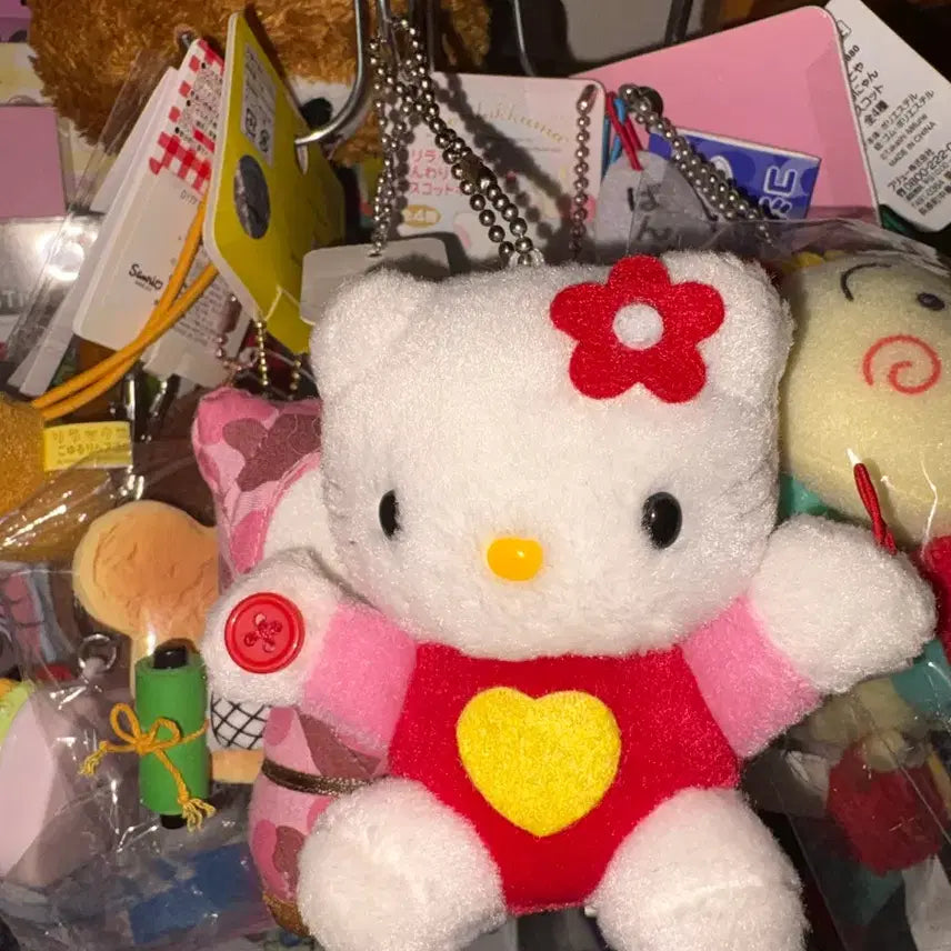 [BUNJANG] Vintage Hello Kitty Button Earphone Holder Keyring / 고전 헬로키티 커튼 홀더 단추 이어폰 홀더 키링