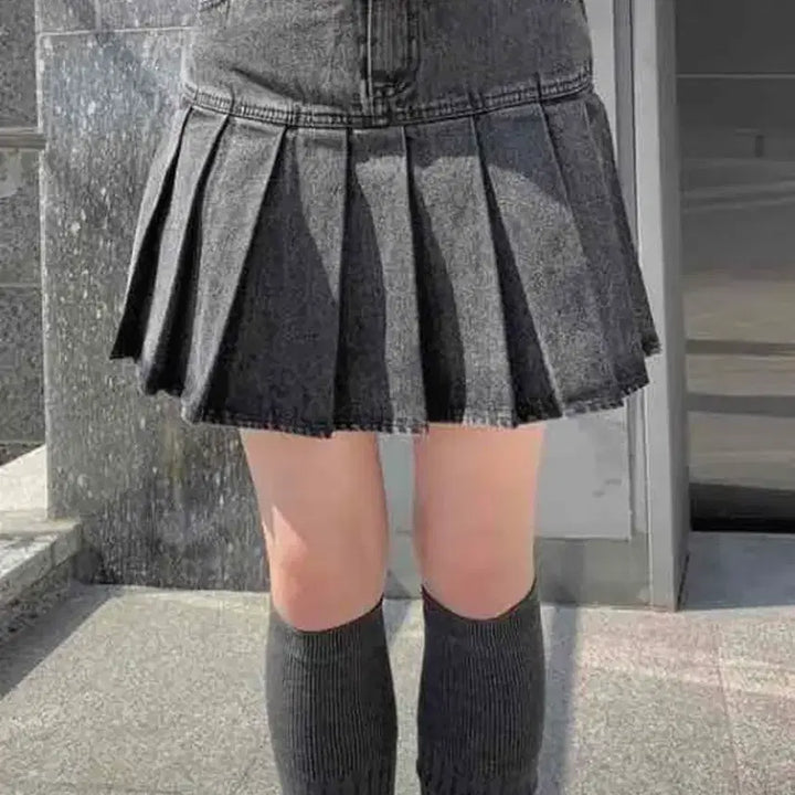[BUNJANG] Black Denim Pleated Mini Skirt M / 교신가능) 흑청 데님 플리츠 미니스커트 M