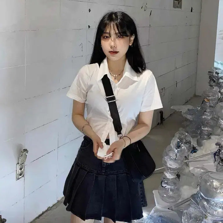 [BUNJANG] Black Denim Pleated Mini Skirt M / 교신가능) 흑청 데님 플리츠 미니스커트 M