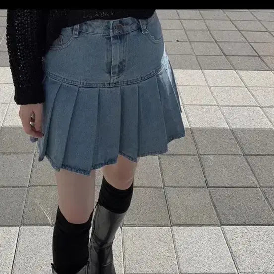 [BUNJANG] Black Denim Pleated Mini Skirt M / 교신가능) 흑청 데님 플리츠 미니스커트 M