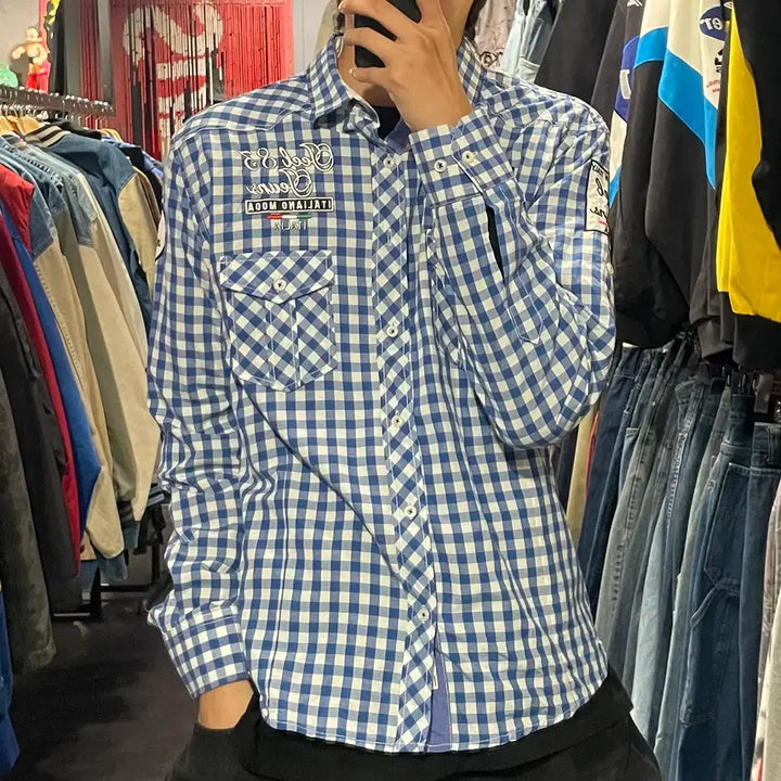 [BUNJANG] IM Vintage Blue Check Custom Patch Shirt / [IM] vtg 레트로 블루 체크 커스텀 패치 셔츠