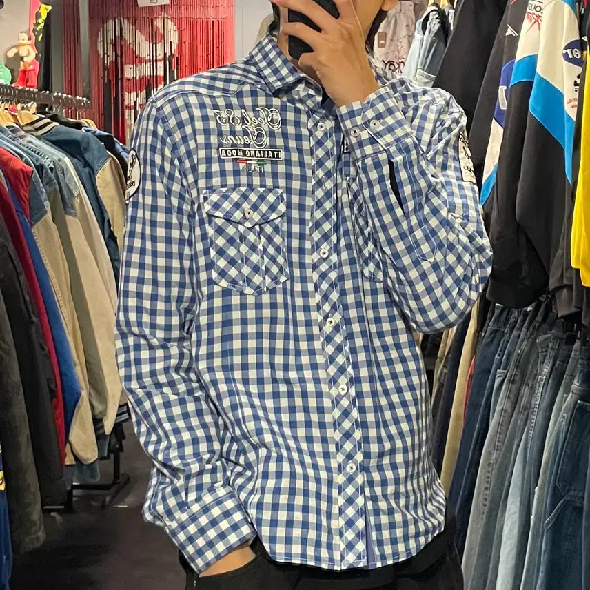 [BUNJANG] IM Vintage Blue Check Custom Patch Shirt / [IM] vtg 레트로 블루 체크 커스텀 패치 셔츠