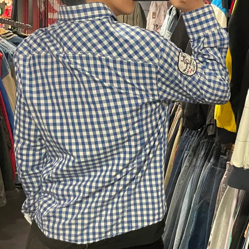 [BUNJANG] IM Vintage Blue Check Custom Patch Shirt / [IM] vtg 레트로 블루 체크 커스텀 패치 셔츠