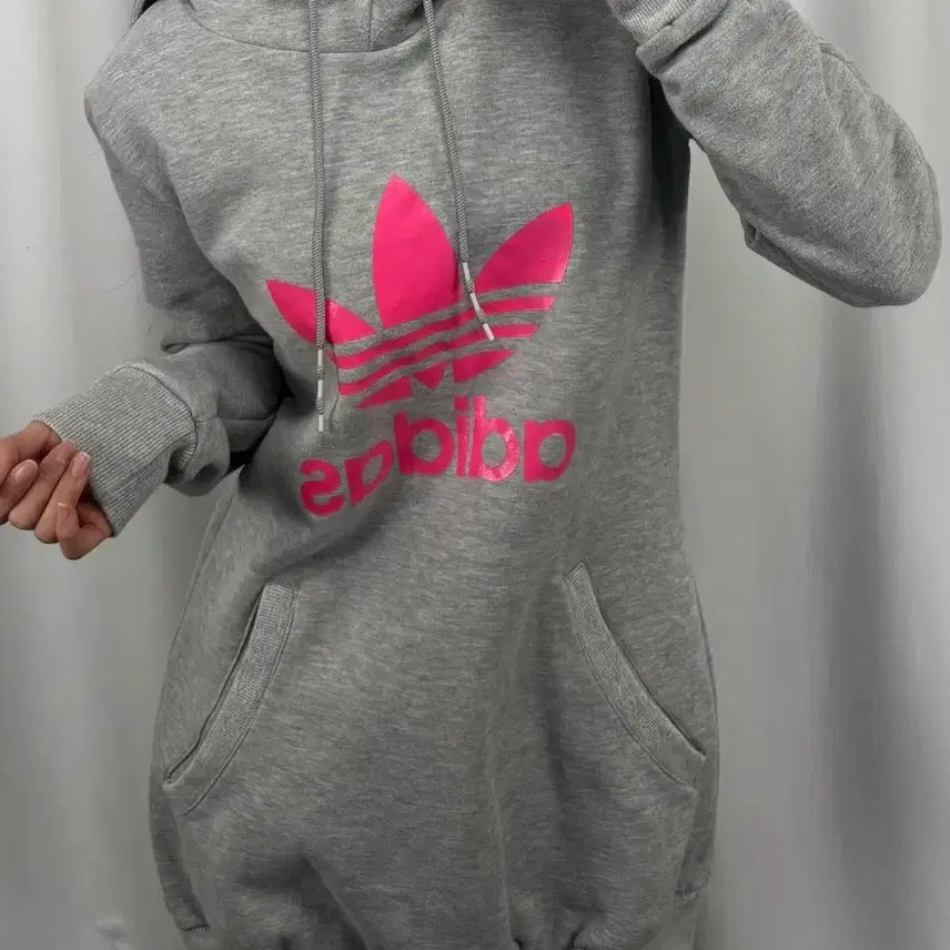 [BUNJANG] Adidas Big Logo Gray Long Hoodie / 아디다스 핑크 빅로고 그레이 롱 후드티