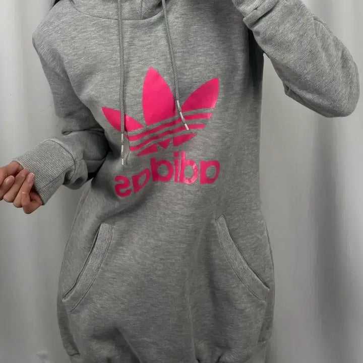 [BUNJANG] Adidas Big Logo Gray Long Hoodie / 아디다스 핑크 빅로고 그레이 롱 후드티
