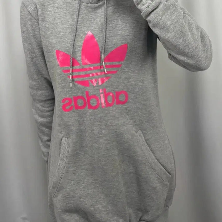 [BUNJANG] Adidas Big Logo Gray Long Hoodie / 아디다스 핑크 빅로고 그레이 롱 후드티