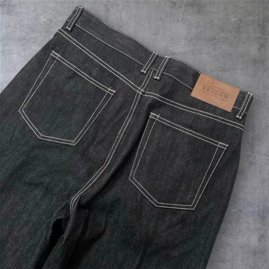 [SOLD OUT] 비슬로우 Beslow 흑청 스티치 포인트 셀비지 와이드 데님팬츠 32