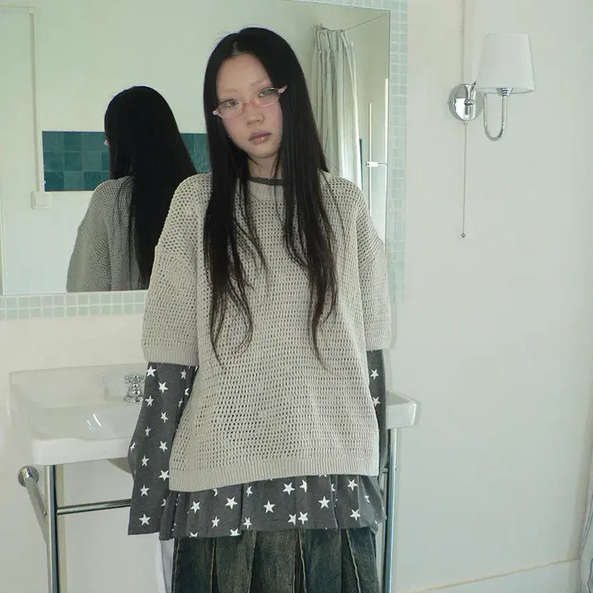 [BUNJANG] ang:project Layered Solid Color Crew Neck Knit Top Beige / ang:project 레이어드 솔리드 컬러 크루넥 반팔 그물 니트 베이지