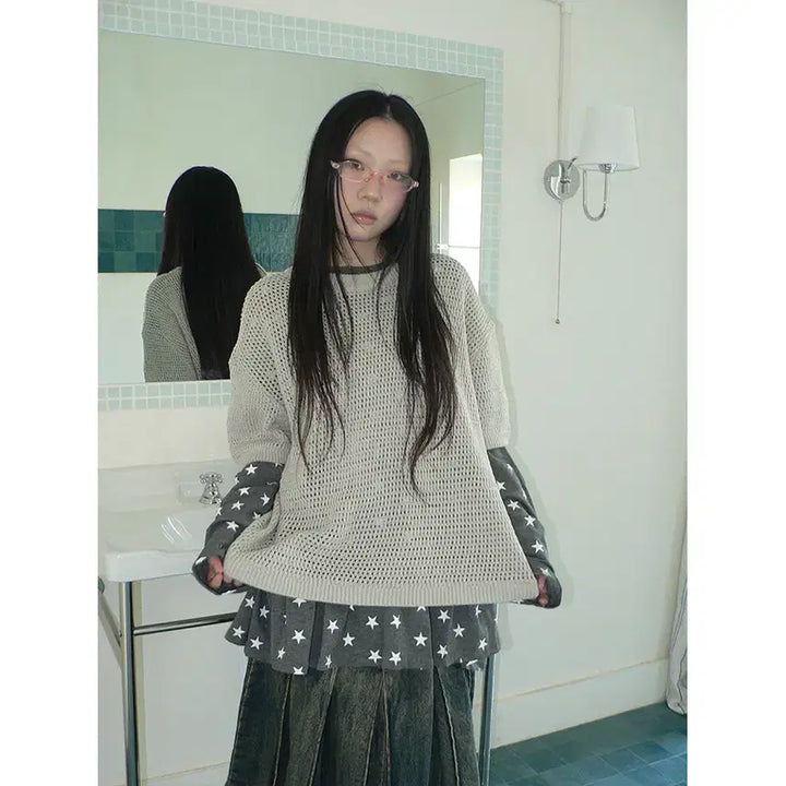 [BUNJANG] ang:project Layered Solid Color Crew Neck Knit Top Beige / ang:project 레이어드 솔리드 컬러 크루넥 반팔 그물 니트 베이지