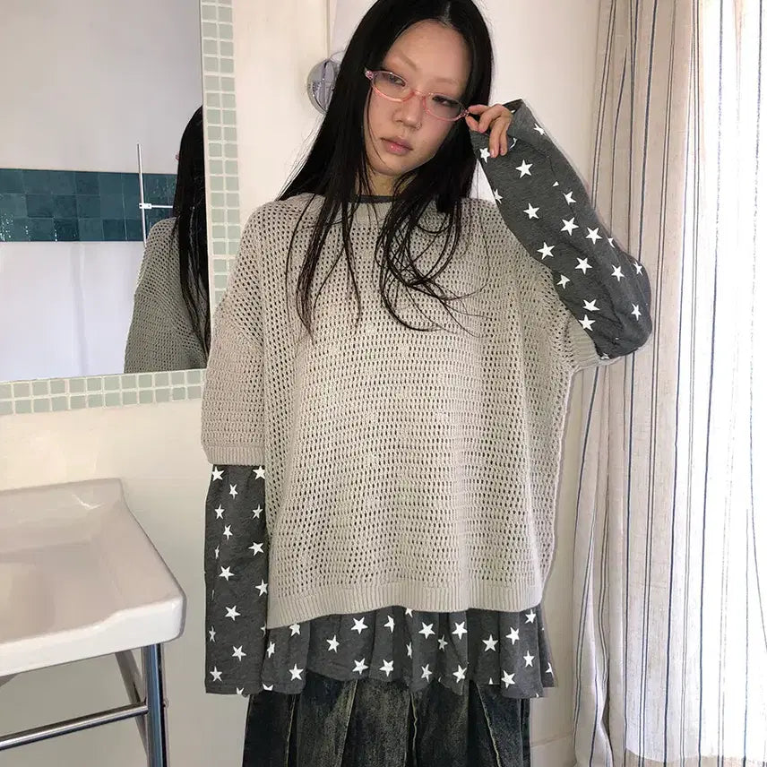 [BUNJANG] ang:project Layered Solid Color Crew Neck Knit Top Beige / ang:project 레이어드 솔리드 컬러 크루넥 반팔 그물 니트 베이지