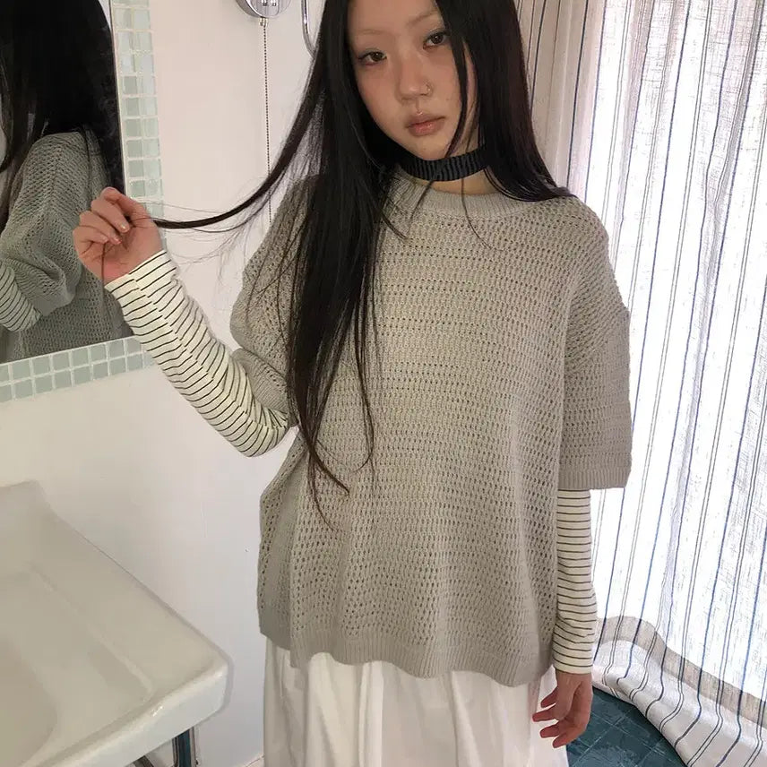 [BUNJANG] ang:project Layered Solid Color Crew Neck Knit Top Beige / ang:project 레이어드 솔리드 컬러 크루넥 반팔 그물 니트 베이지