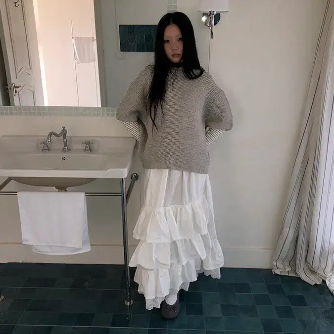 [BUNJANG] ang:project Layered Solid Color Crew Neck Knit Top Beige / ang:project 레이어드 솔리드 컬러 크루넥 반팔 그물 니트 베이지