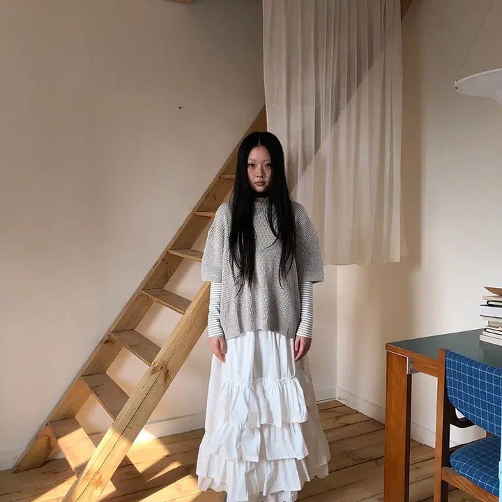 [BUNJANG] ang:project Layered Solid Color Crew Neck Knit Top Beige / ang:project 레이어드 솔리드 컬러 크루넥 반팔 그물 니트 베이지