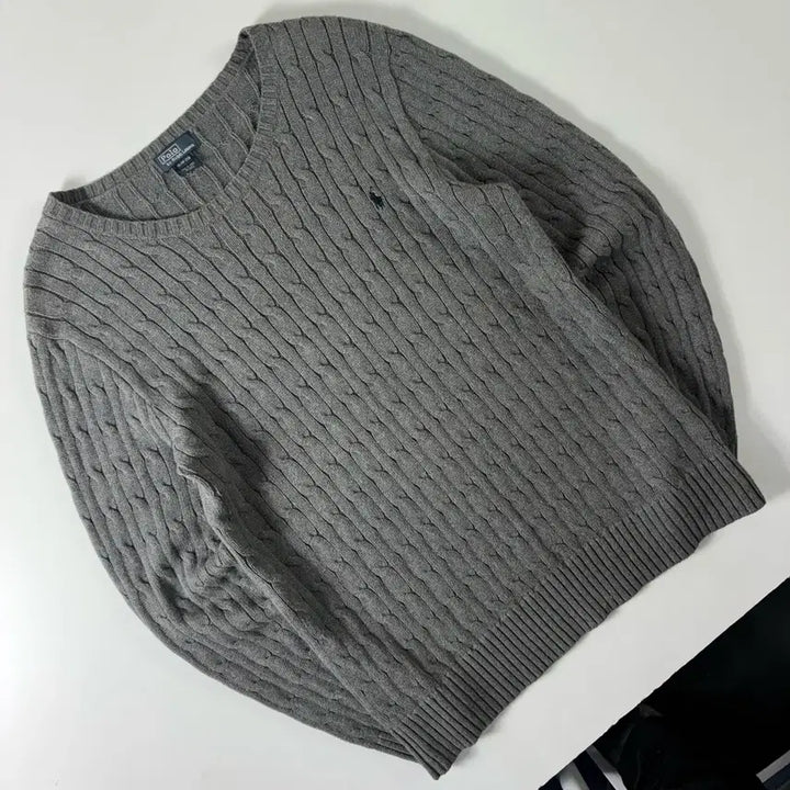 [BUNJANG] Polo Ralph Lauren Gray Cable Knit Sweater / Polo  폴로 랄프로렌 자수 코튼 그레이 꽈배기 니트