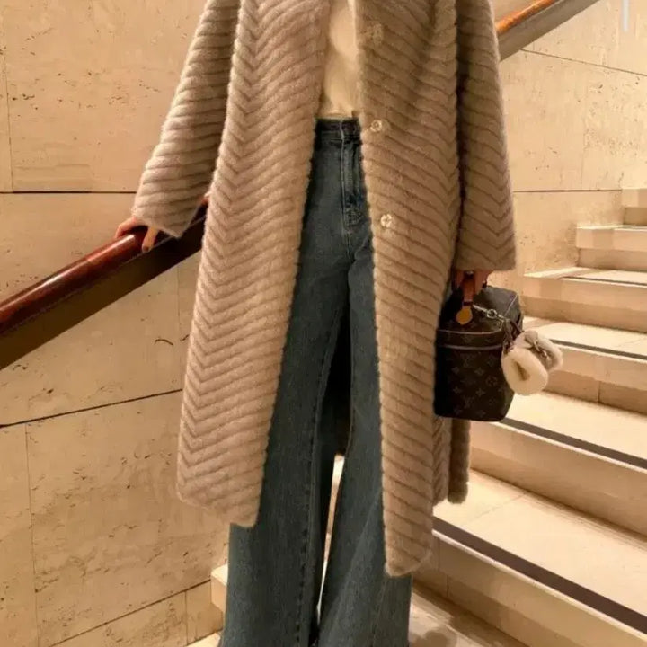 [BUNJANG] Closet Nine Vegan Mink Long Coat - Gray, S / 클로젯나인 사선 비건 밍크 롱 코트 - 그레이,S
