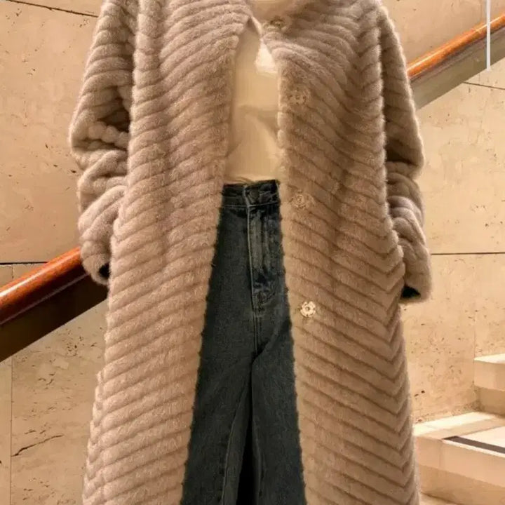 [BUNJANG] Closet Nine Vegan Mink Long Coat - Gray, S / 클로젯나인 사선 비건 밍크 롱 코트 - 그레이,S