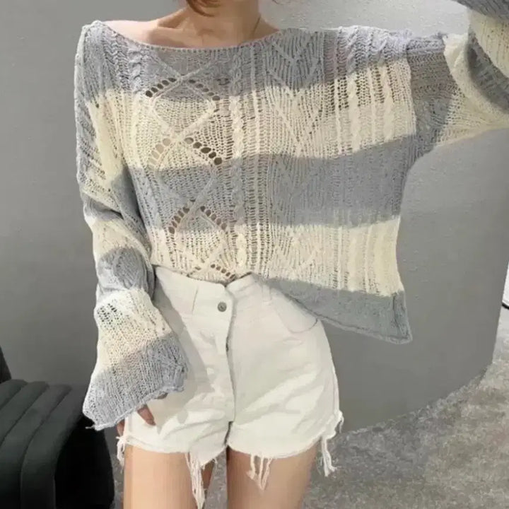 [BUNJANG] Striped See-Through Net Knit Top / 스트라이프 시스루 그물니트 새상품