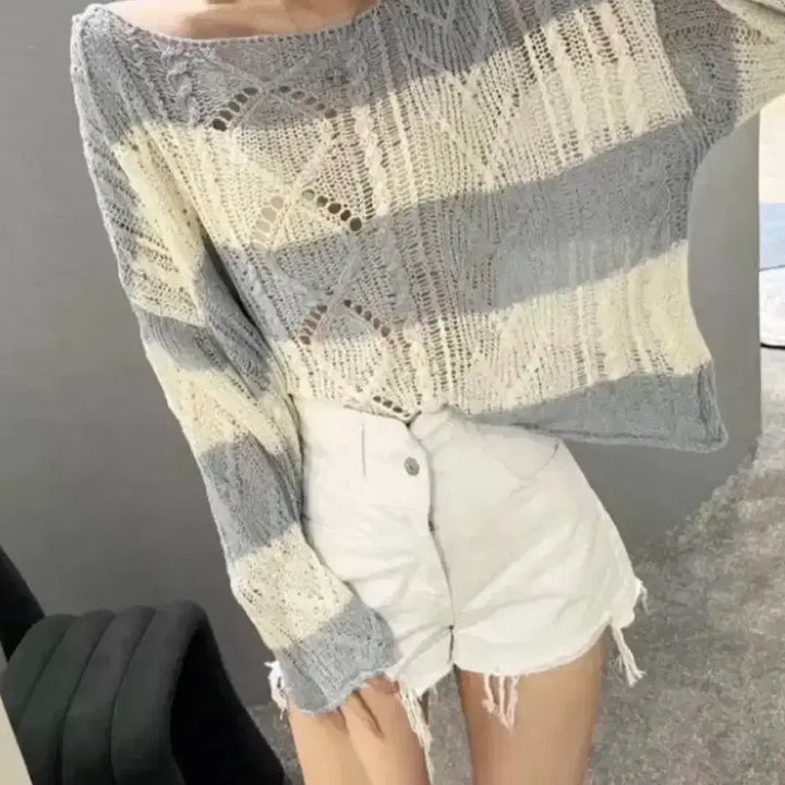 [BUNJANG] Striped See-Through Net Knit Top / 스트라이프 시스루 그물니트 새상품