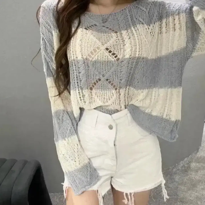 [BUNJANG] Striped See-Through Net Knit Top / 스트라이프 시스루 그물니트 새상품