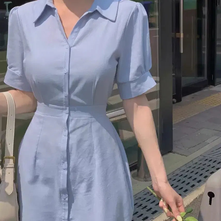 [SOLD OUT] 카라 퍼프 머메이드 반팔 뒷밴딩 롱원피스