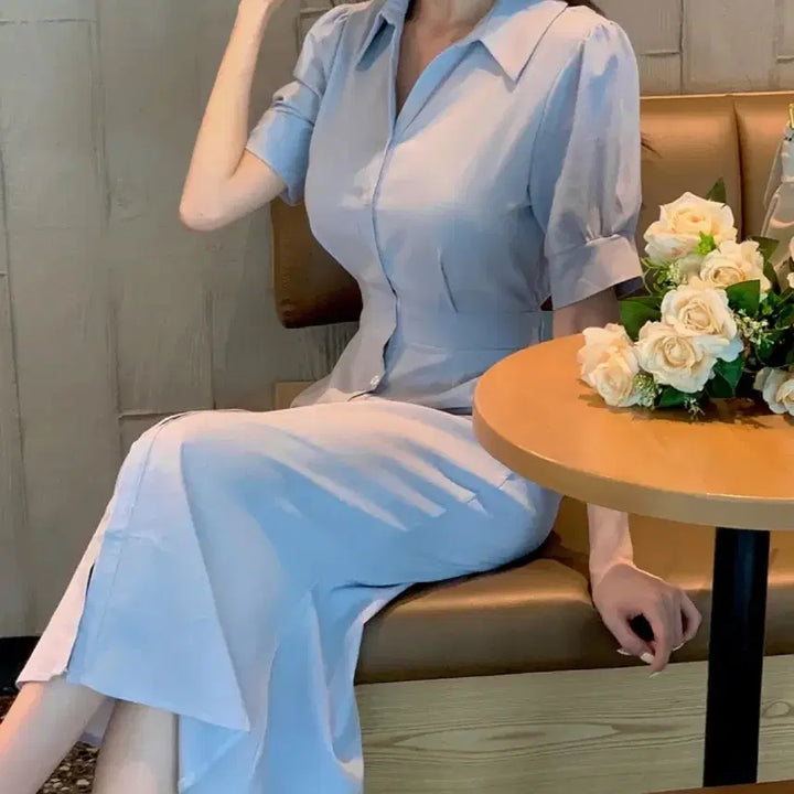 [SOLD OUT] 카라 퍼프 머메이드 반팔 뒷밴딩 롱원피스