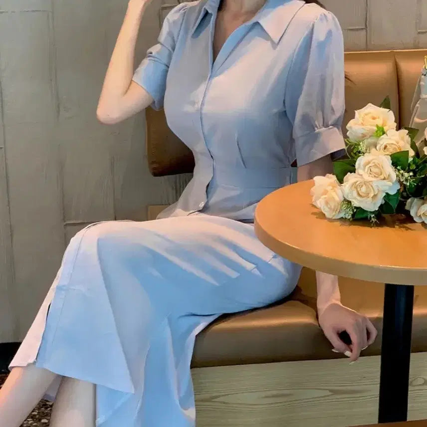 [SOLD OUT] 카라 퍼프 머메이드 반팔 뒷밴딩 롱원피스