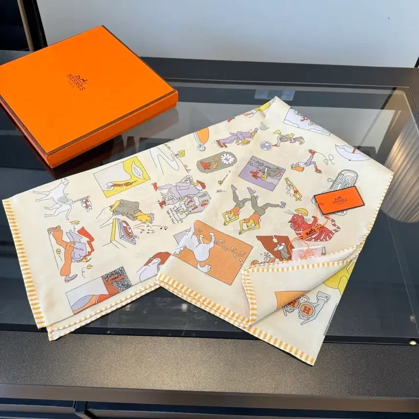 [BUNJANG] Hermes Illustrated Pattern Scarf / 에르메스 일러스트 패턴 스카프