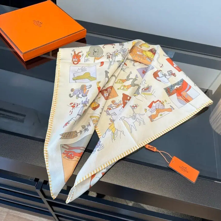 [BUNJANG] Hermes Illustrated Pattern Scarf / 에르메스 일러스트 패턴 스카프