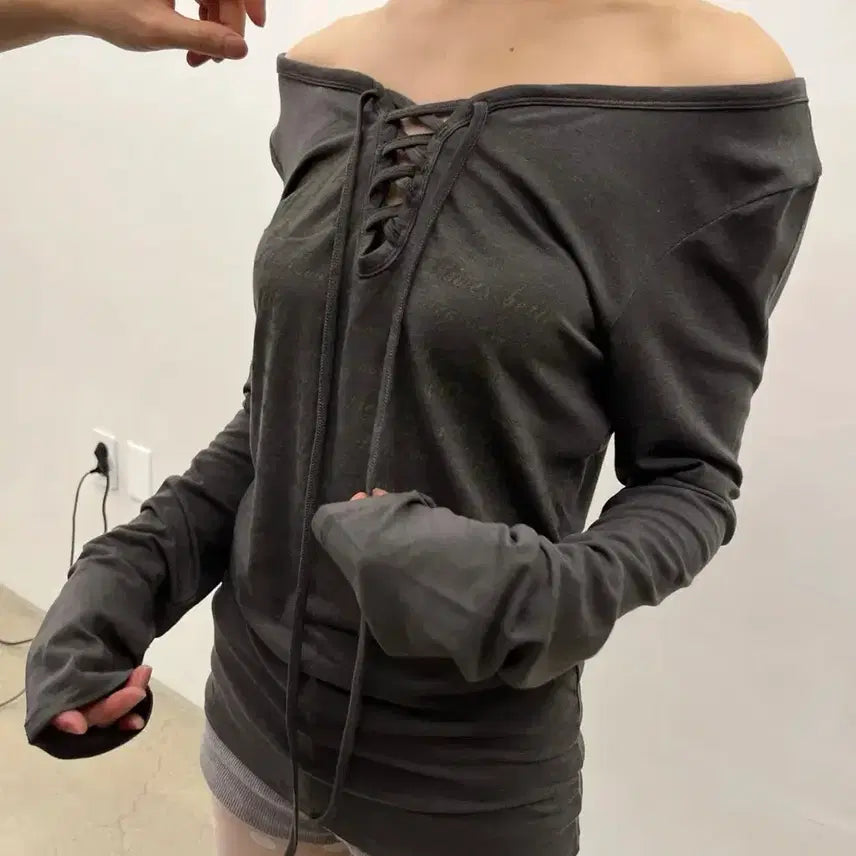 [BUNJANG] Pale Printed Lace-up Long Sleeve Top / Pale printed lace-up long sleeve top