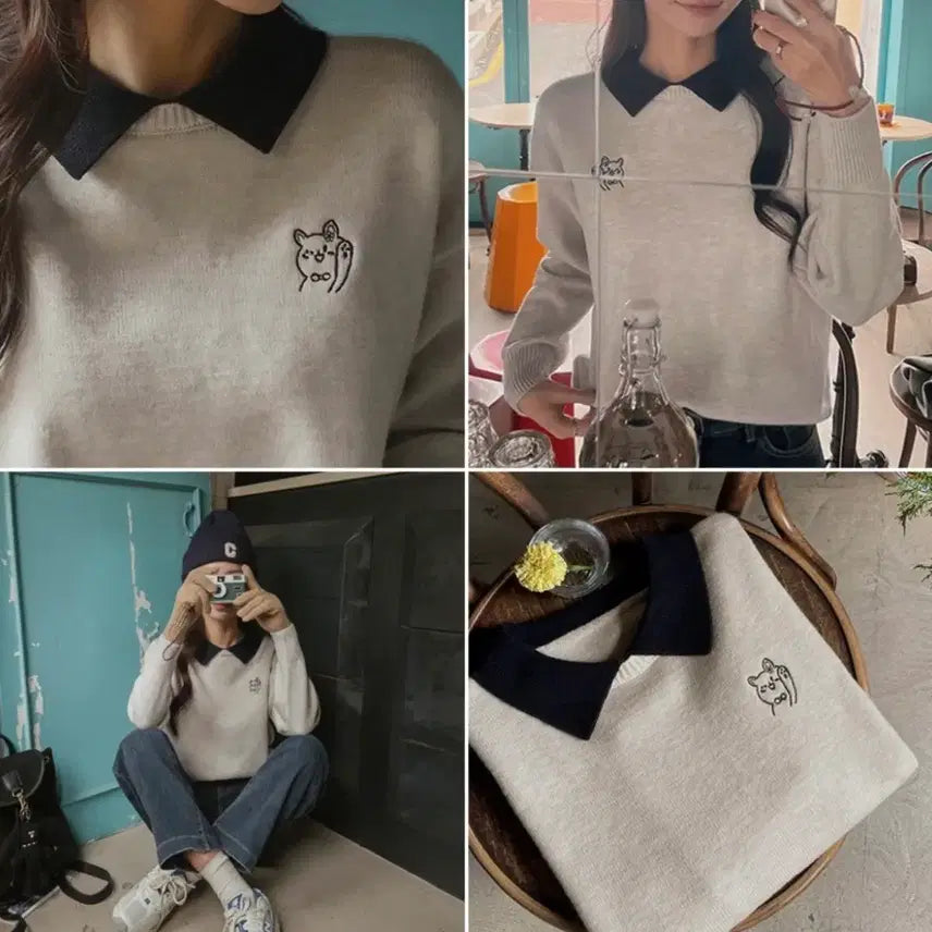 [BUNJANG] Embroidered Cat Collar Knit Sweater / 고양이 자수 카라 니트