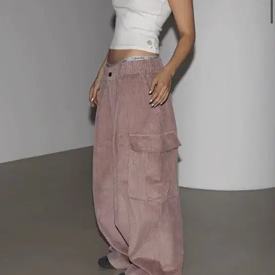 [BUNJANG] Luntz Corduroy Wide Cargo Pants - Pink / 런츠 코듀로이 카고 와이드 팬츠 핑크 free