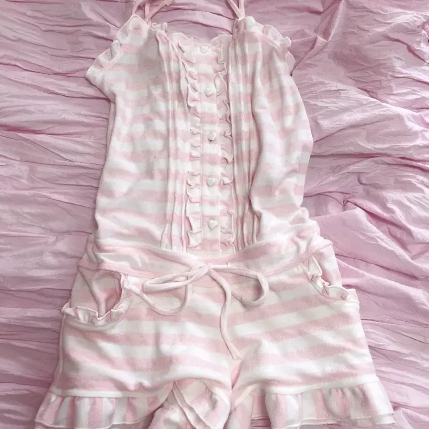 [BUNJANG] Pink Striped Romper Pajamas / 연핑크 줄무늬 스트라이프 룸웨어 롬퍼스 파자마 히메갸루히메카지
